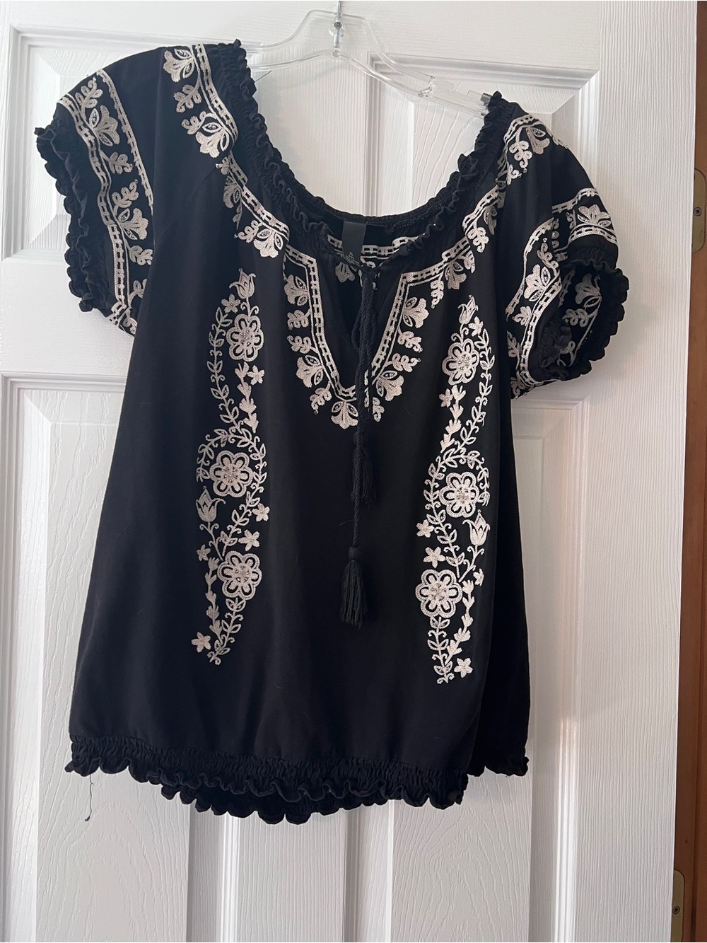 INC International Concepts Black Embroidered Boho Blouse with Tassel Tie